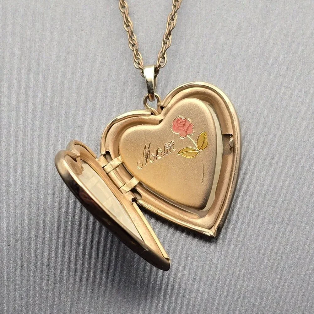 VTG Tru-Kay Gold-Filled 3 Photo Heart MOM Locket Pendant Necklace 20" Engraved - Picture 4 of 14